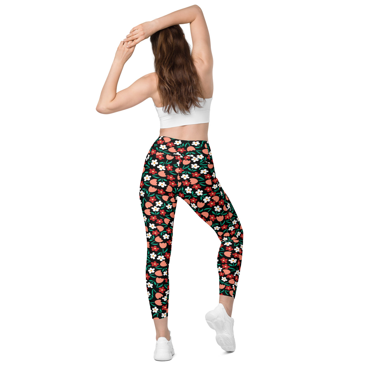 Women’s Black Floral Yoga Leggings With Pockets – High-Waisted, Soft Compression Active Pants