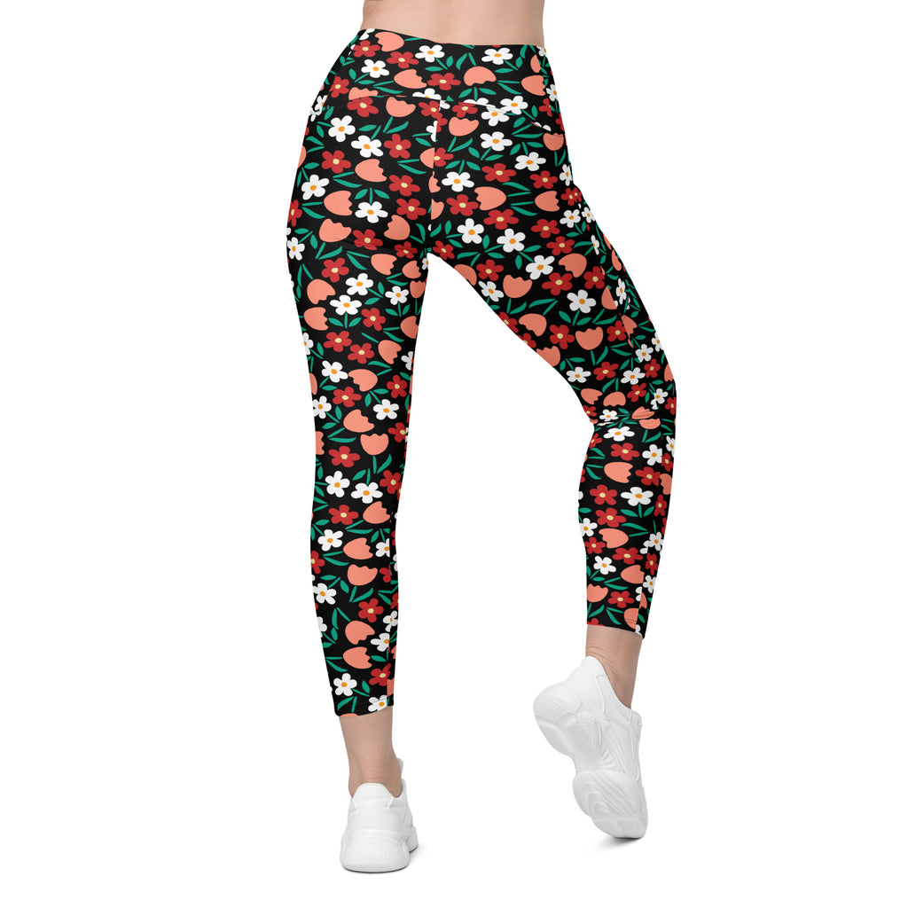 Women’s Black Floral Yoga Leggings With Pockets – High-Waisted, Soft Compression Active Pants