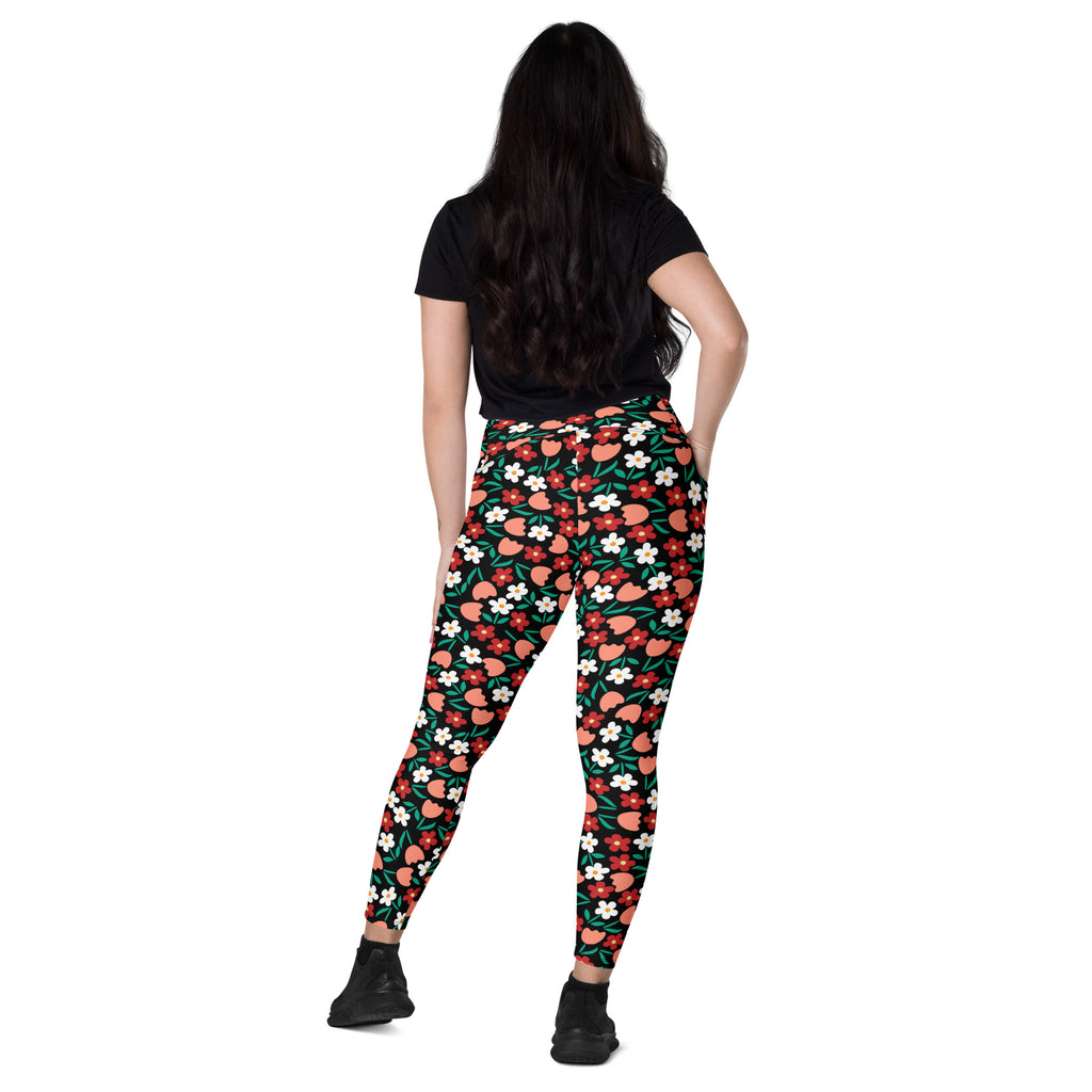 Women’s Black Floral Yoga Leggings With Pockets – High-Waisted, Soft Compression Active Pants