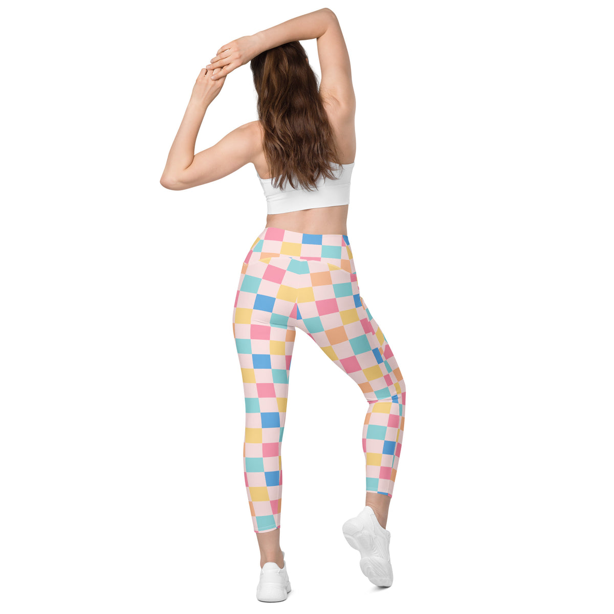 Women’s Colorful Pastel Checkered Yoga Leggings With Pockets – High-Waisted, Soft Compression Active Pants