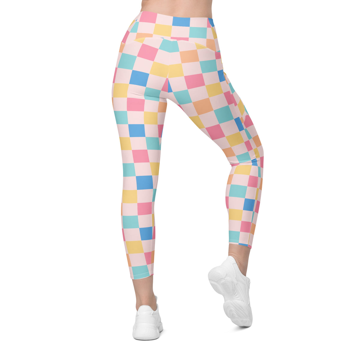 Women’s Colorful Pastel Checkered Yoga Leggings With Pockets – High-Waisted, Soft Compression Active Pants