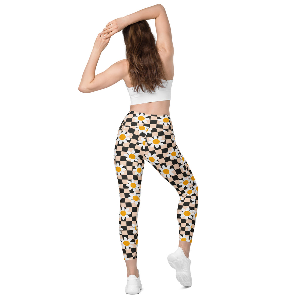 Women’s Daisy Checkered Yoga Leggings With Pockets – High-Waisted, Soft Compression Active Pants