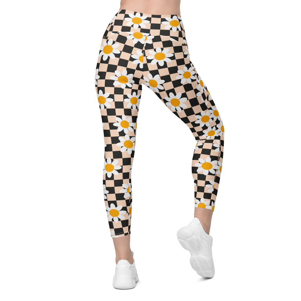 Women’s Daisy Checkered Yoga Leggings With Pockets – High-Waisted, Soft Compression Active Pants