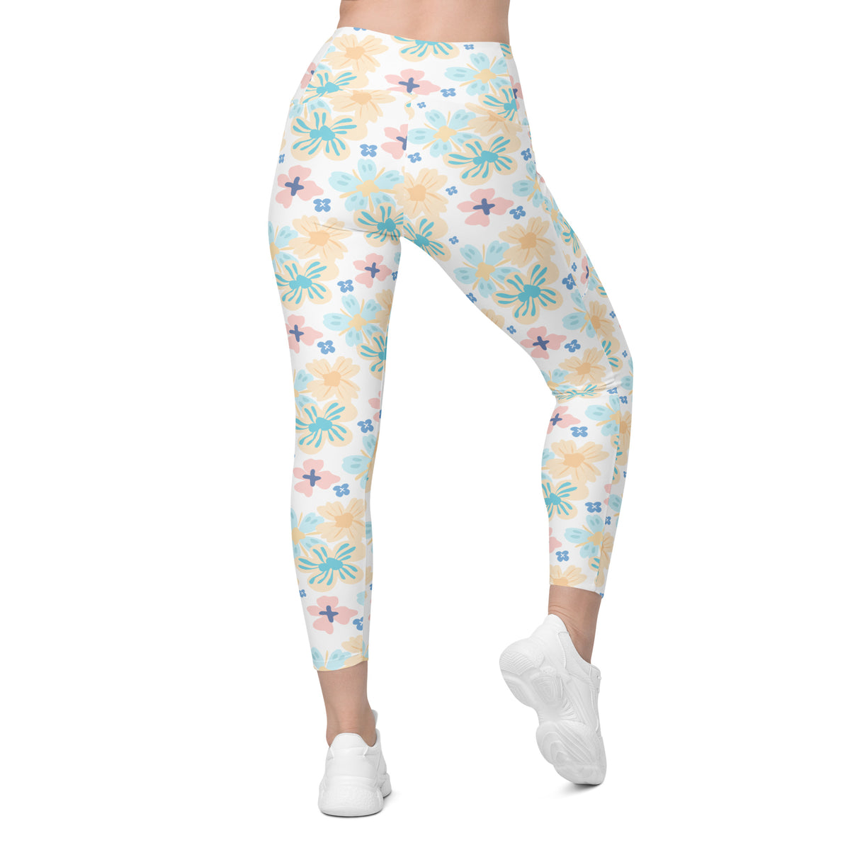 Women’s Tropical Pastel Floral Yoga Leggings With Pockets – High-Waisted, Soft Compression Active Pants