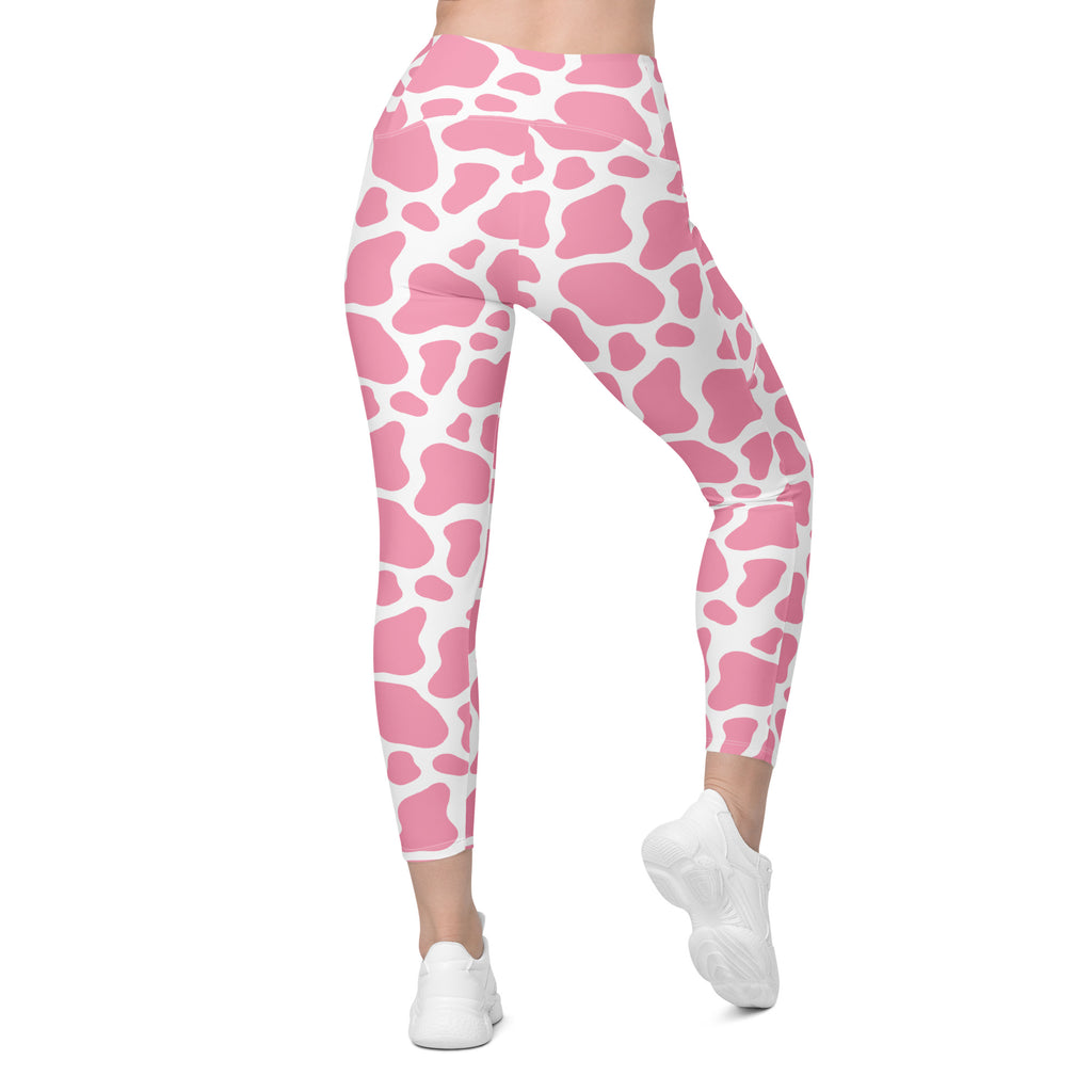 Women’s Pink Cow Print Yoga Leggings With Pockets – High-Waisted, Soft Compression Active Pants