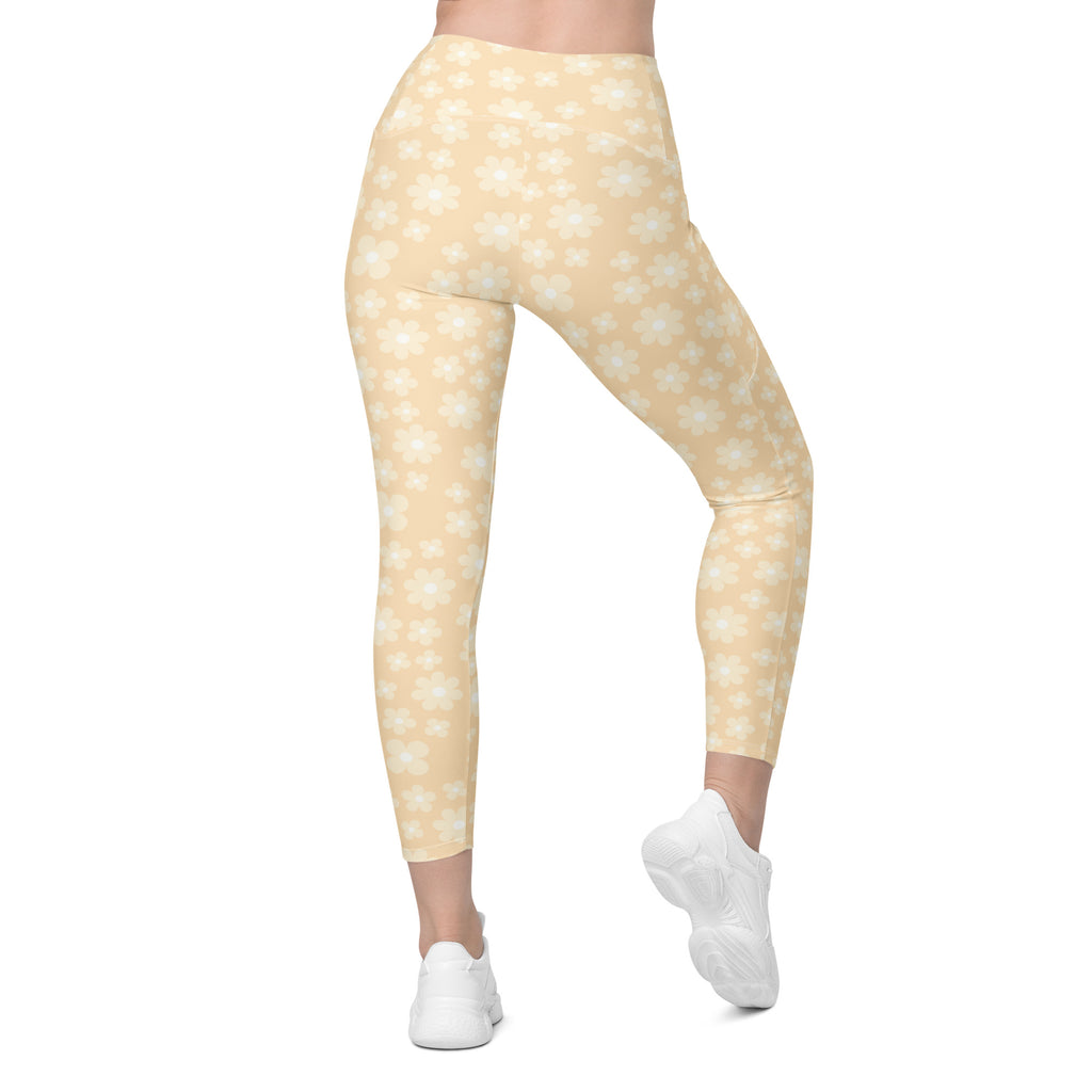 Women’s Light Yellow Daisy Yoga Leggings With Pockets – High-Waisted, Soft Compression Active Pants