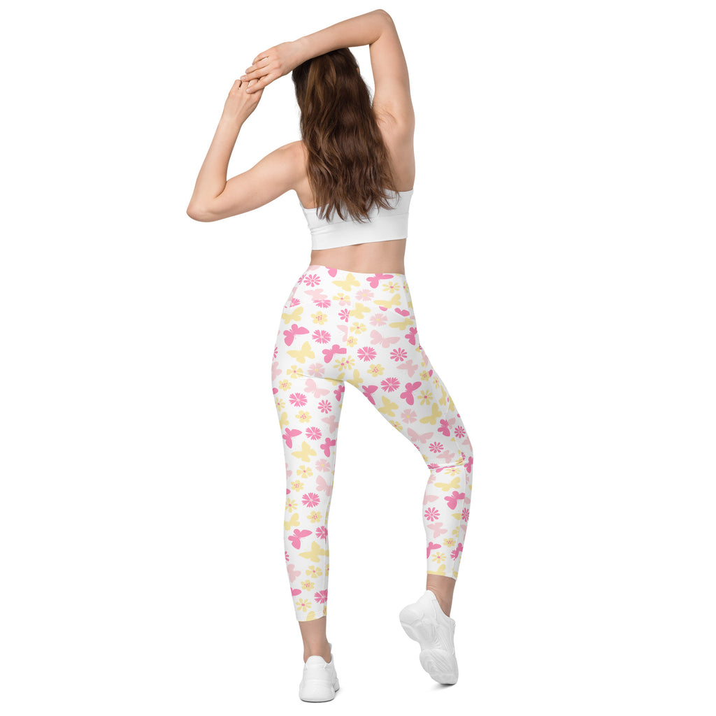 Women’s Pink Butterfly & Flower Yoga Leggings With Pockets – High-Waisted, Soft Compression Active Pants