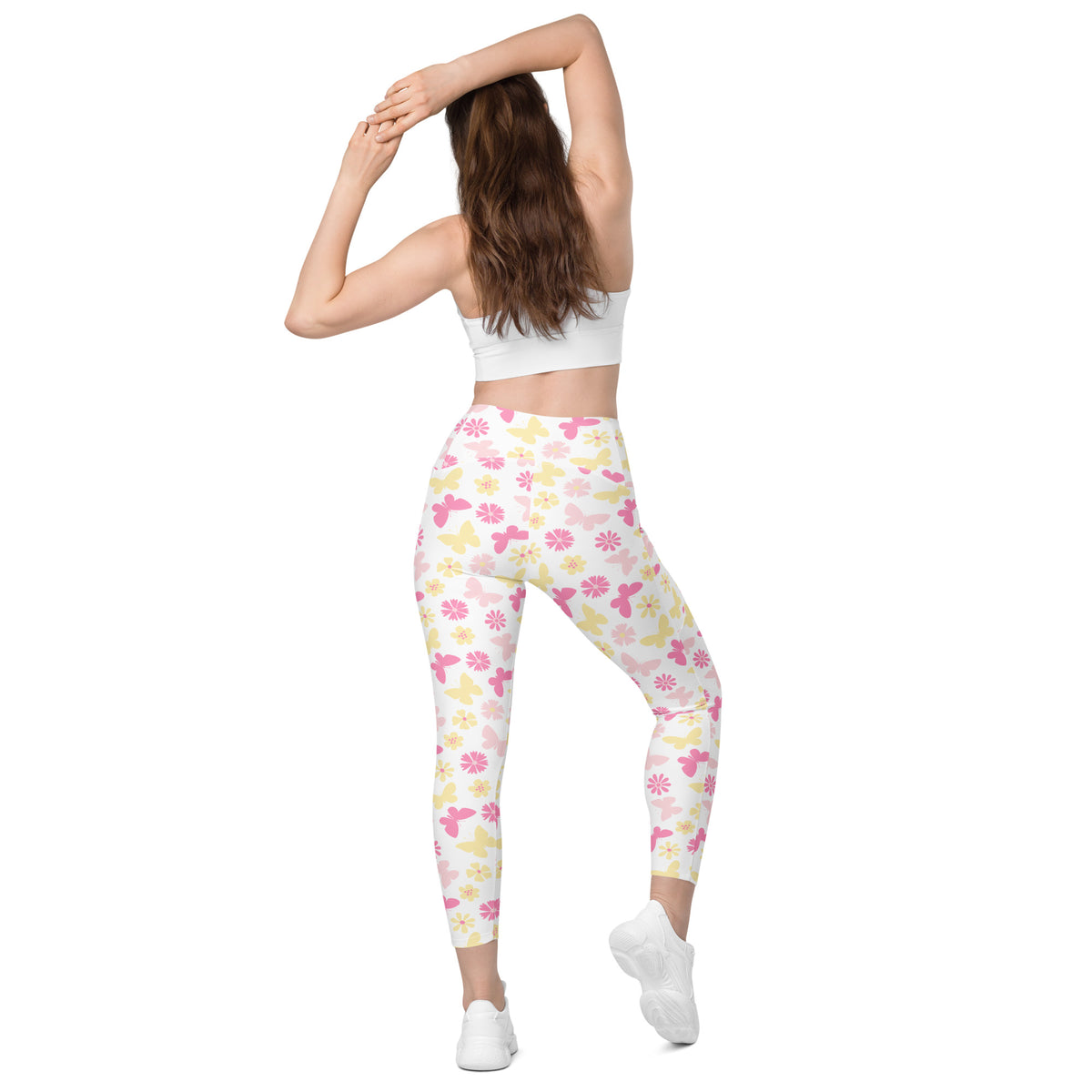 Women’s Pink Butterfly & Flower Yoga Leggings With Pockets – High-Waisted, Soft Compression Active Pants