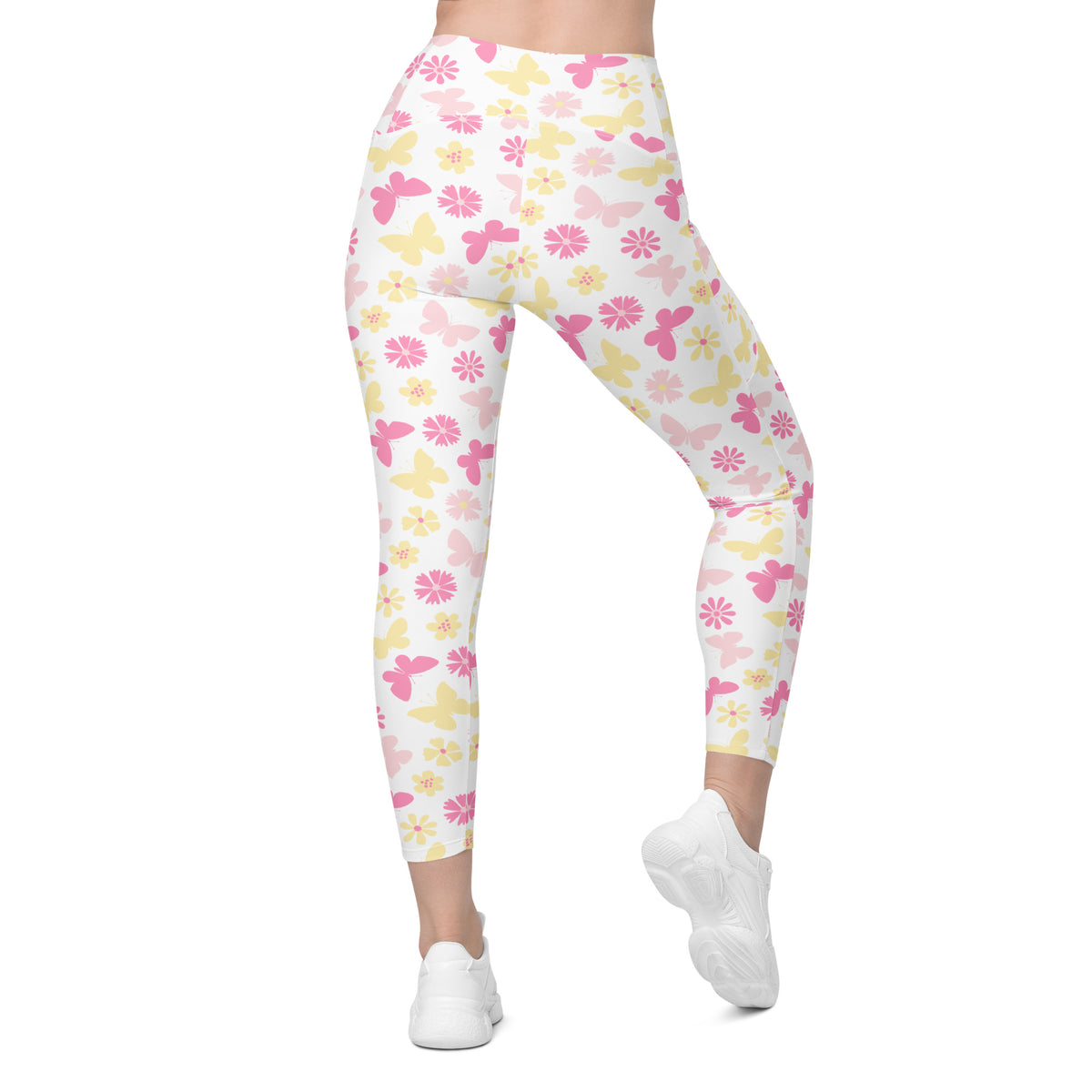 Women’s Pink Butterfly & Flower Yoga Leggings With Pockets – High-Waisted, Soft Compression Active Pants