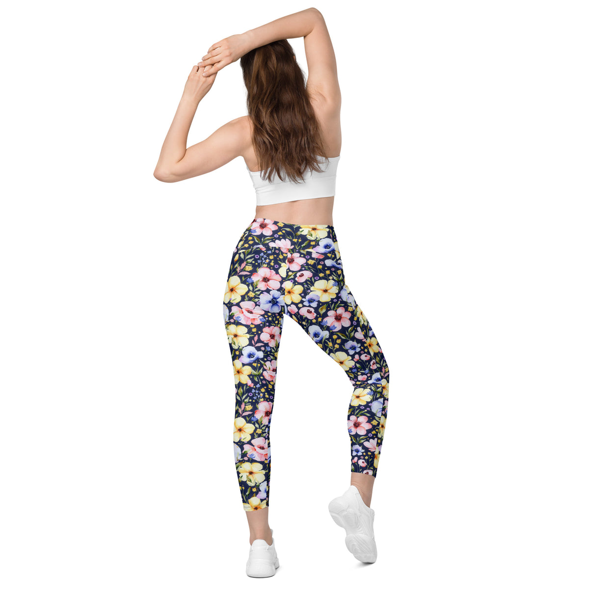 Women’s Watercolor Wildflower Yoga Leggings With Pockets – High-Waisted, Soft Compression Active Pants