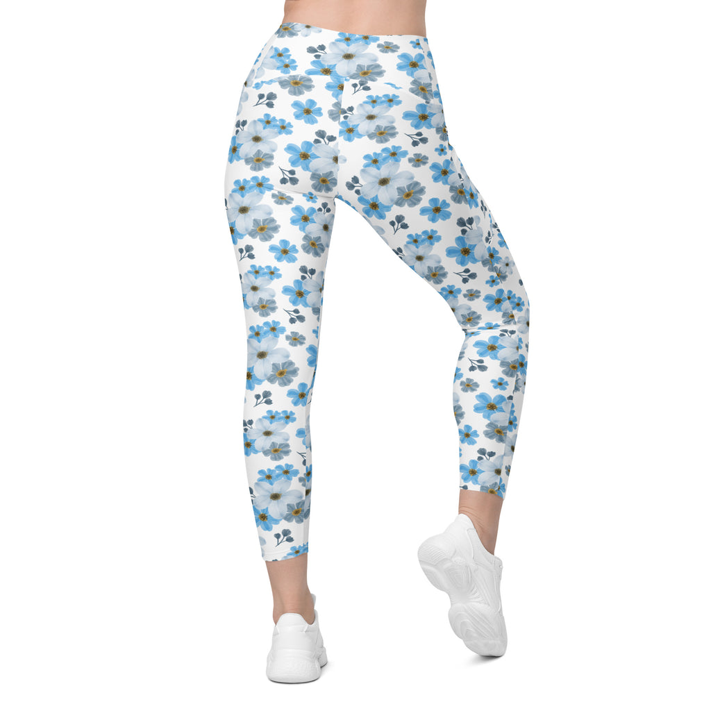 Women’s Blue Floral Yoga Leggings With Pockets – High-Waisted, Soft Compression Active Pants
