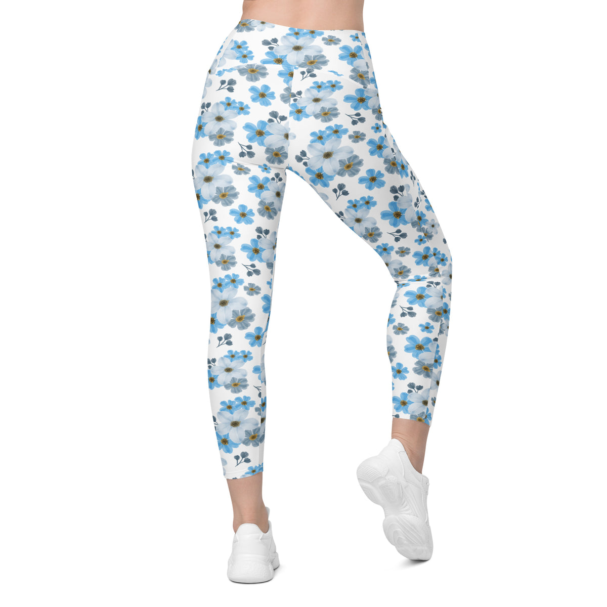 Women’s Blue Floral Yoga Leggings With Pockets – High-Waisted, Soft Compression Active Pants