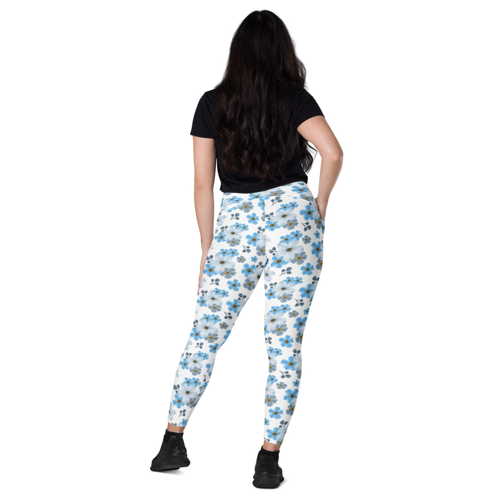 Women’s Blue Floral Yoga Leggings With Pockets – High-Waisted, Soft Compression Active Pants