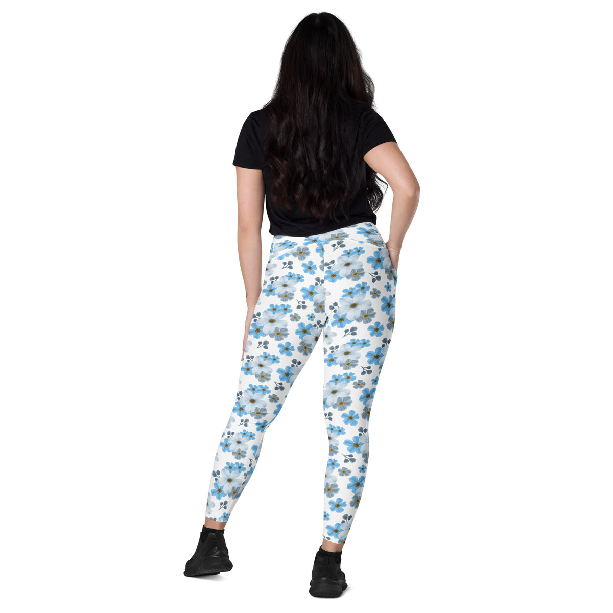 Women’s Blue Floral Yoga Leggings With Pockets – High-Waisted, Soft Compression Active Pants