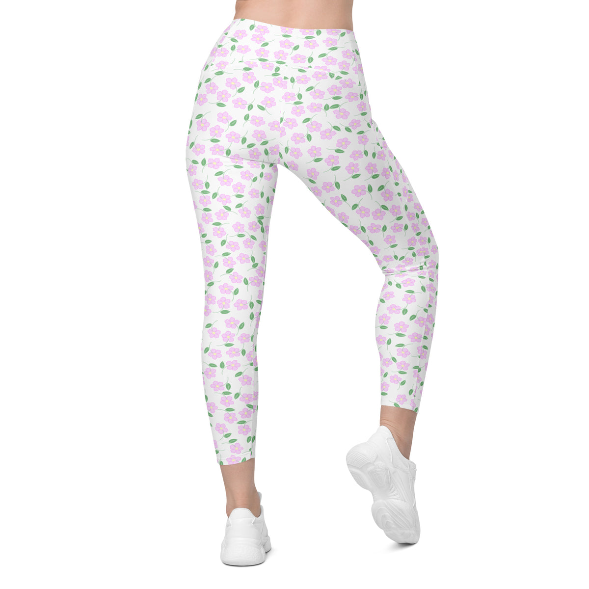 Women’s Pink Botanical Yoga Leggings With Pockets – High-Waisted, Soft Compression Active Pants