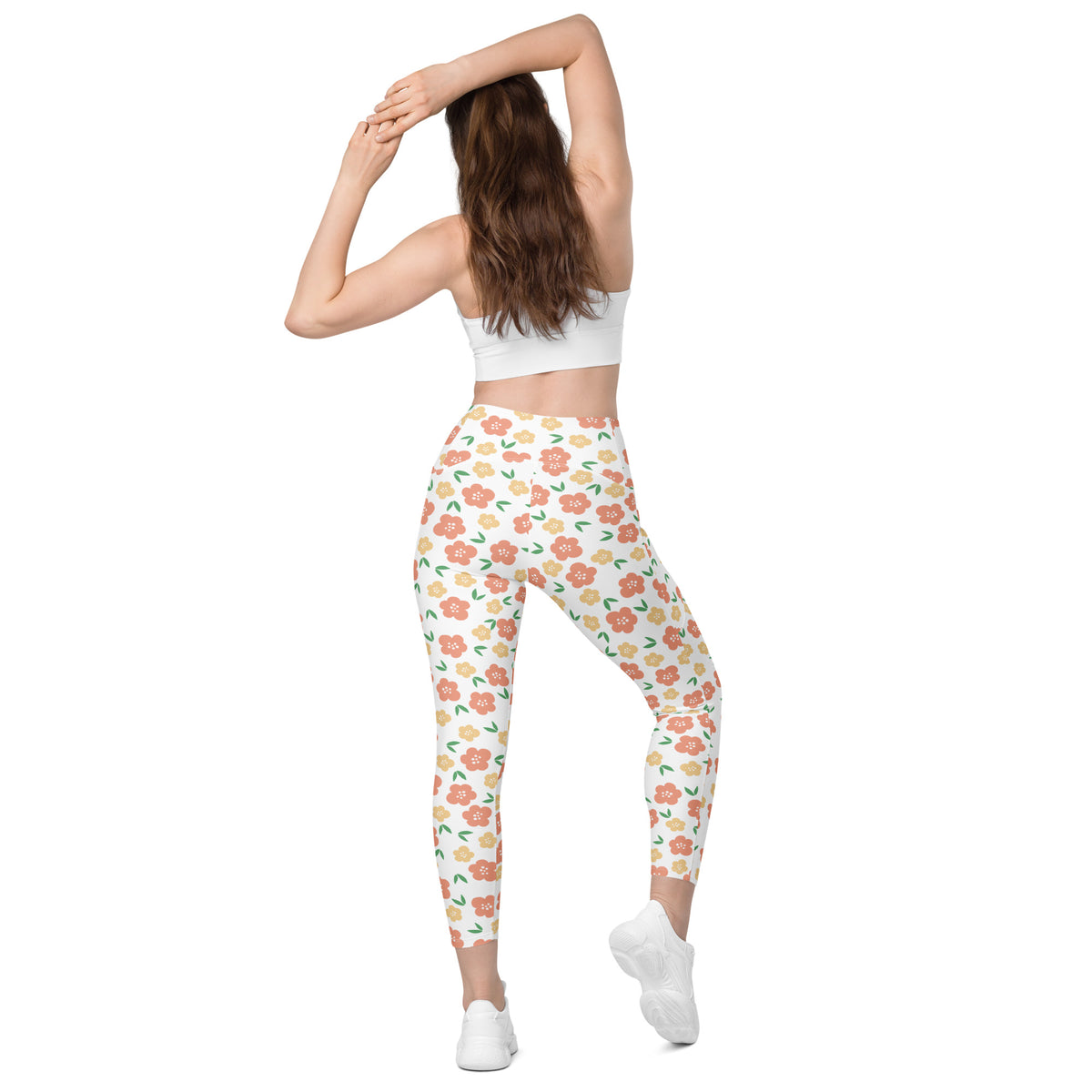 Women’s Orange Floral Yoga Leggings With Pockets – High-Waisted, Soft Compression Active Pants