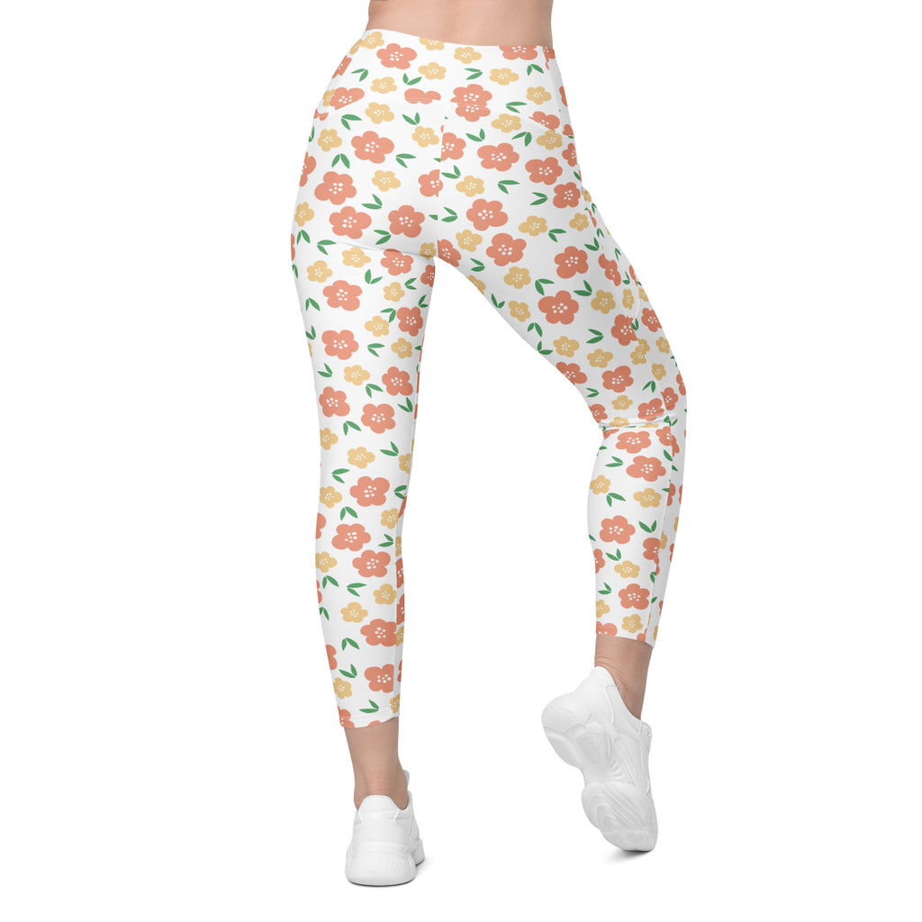 Women’s Orange Floral Yoga Leggings With Pockets – High-Waisted, Soft Compression Active Pants