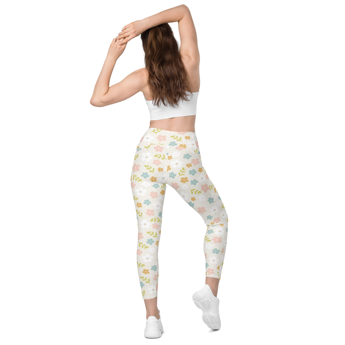 Women’s Pastel Floral Yoga Leggings With Pockets – High-Waisted, Soft Compression Active Pants