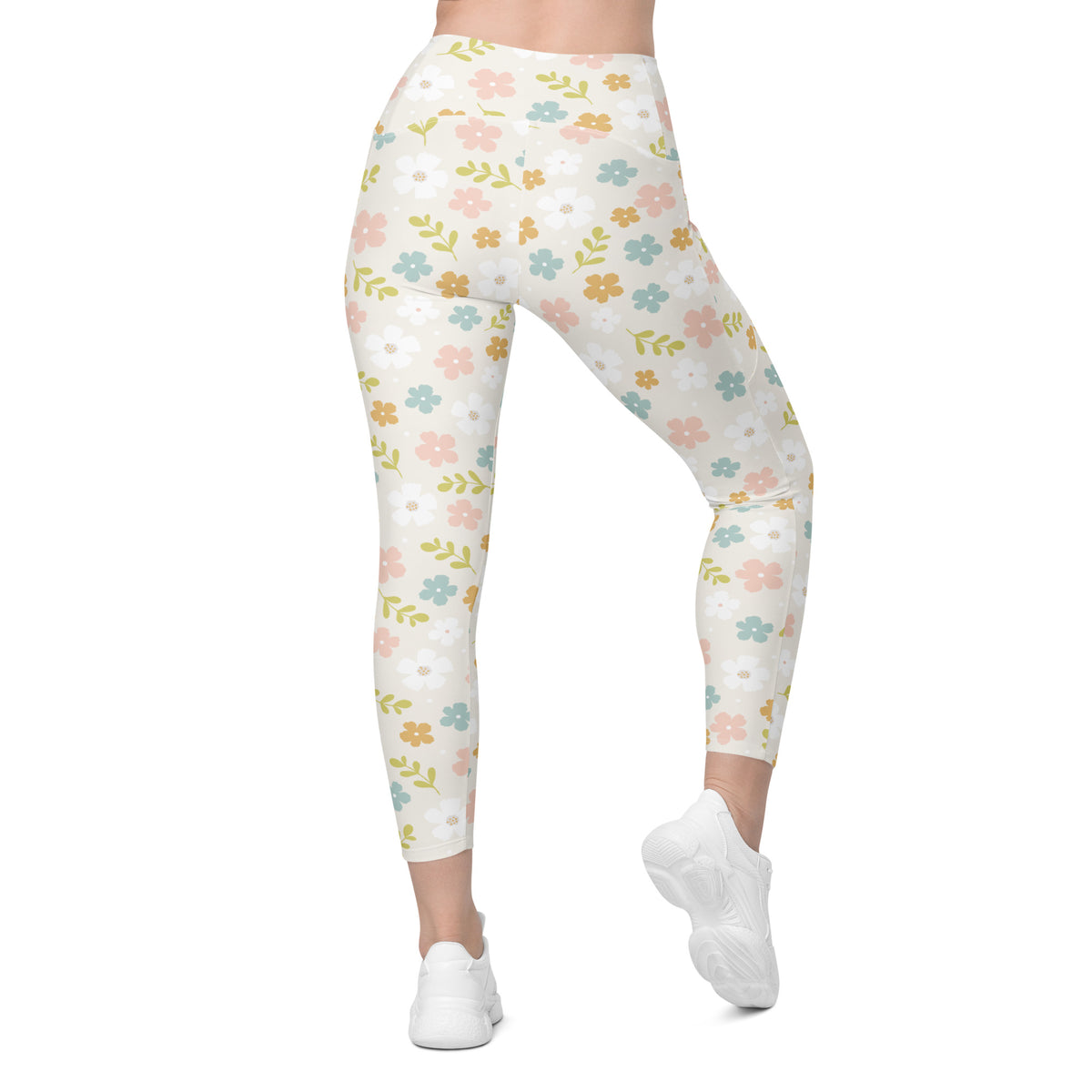 Women’s Pastel Floral Yoga Leggings With Pockets – High-Waisted, Soft Compression Active Pants