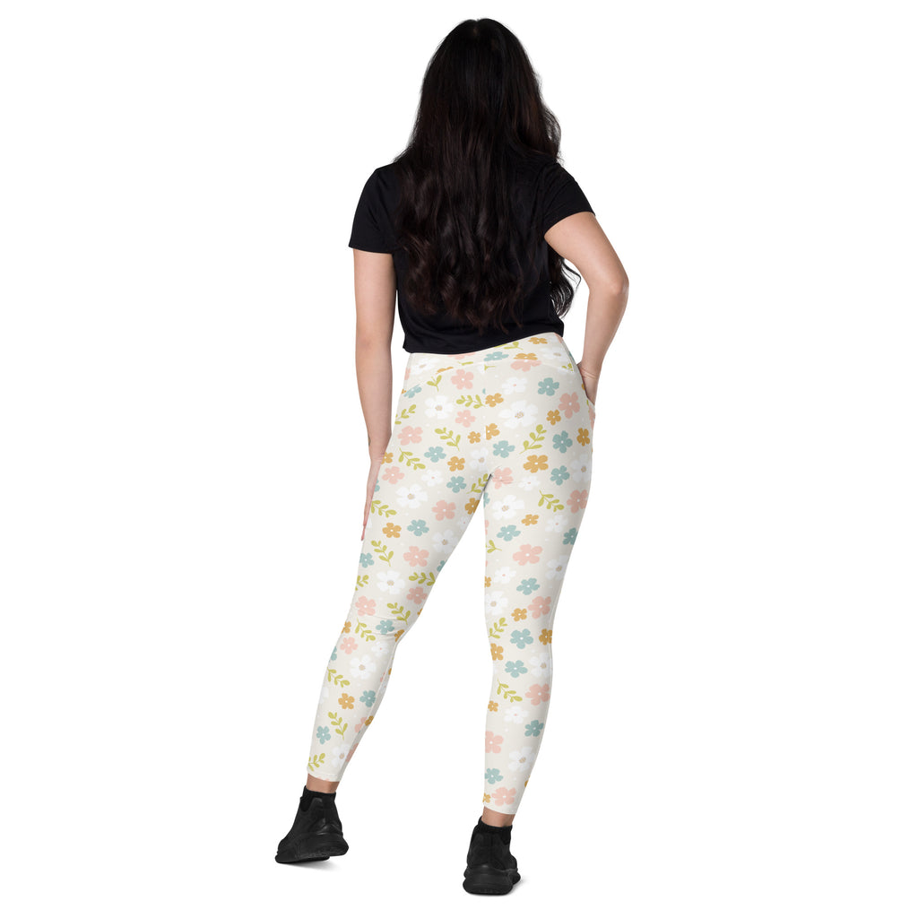 Women’s Pastel Floral Yoga Leggings With Pockets – High-Waisted, Soft Compression Active Pants