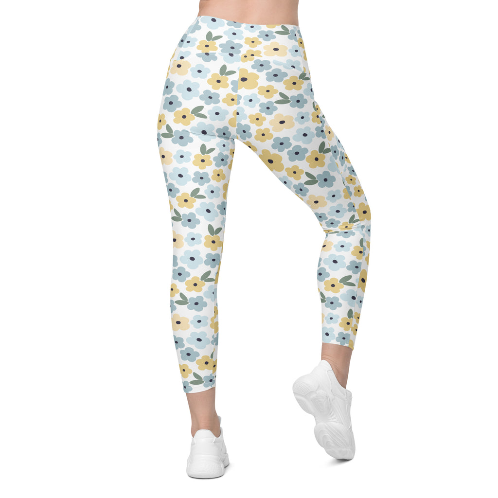 Women’s Blue & Yellow Floral Yoga Leggings With Pockets – High-Waisted, Soft Compression Active Pants