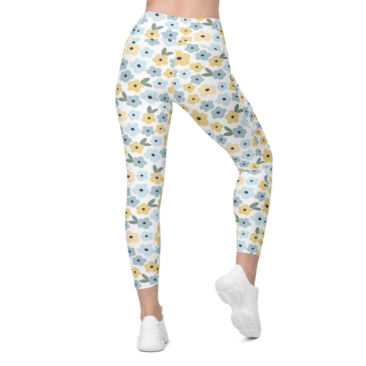 Women’s Blue & Yellow Floral Yoga Leggings With Pockets – High-Waisted, Soft Compression Active Pants