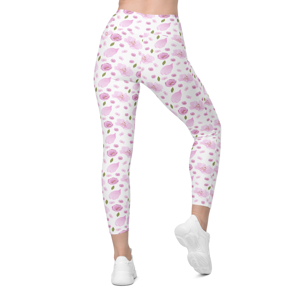 Women’s Pink Watercolor Floral Yoga Leggings With Pockets – High-Waisted, Soft Compression Active Pants