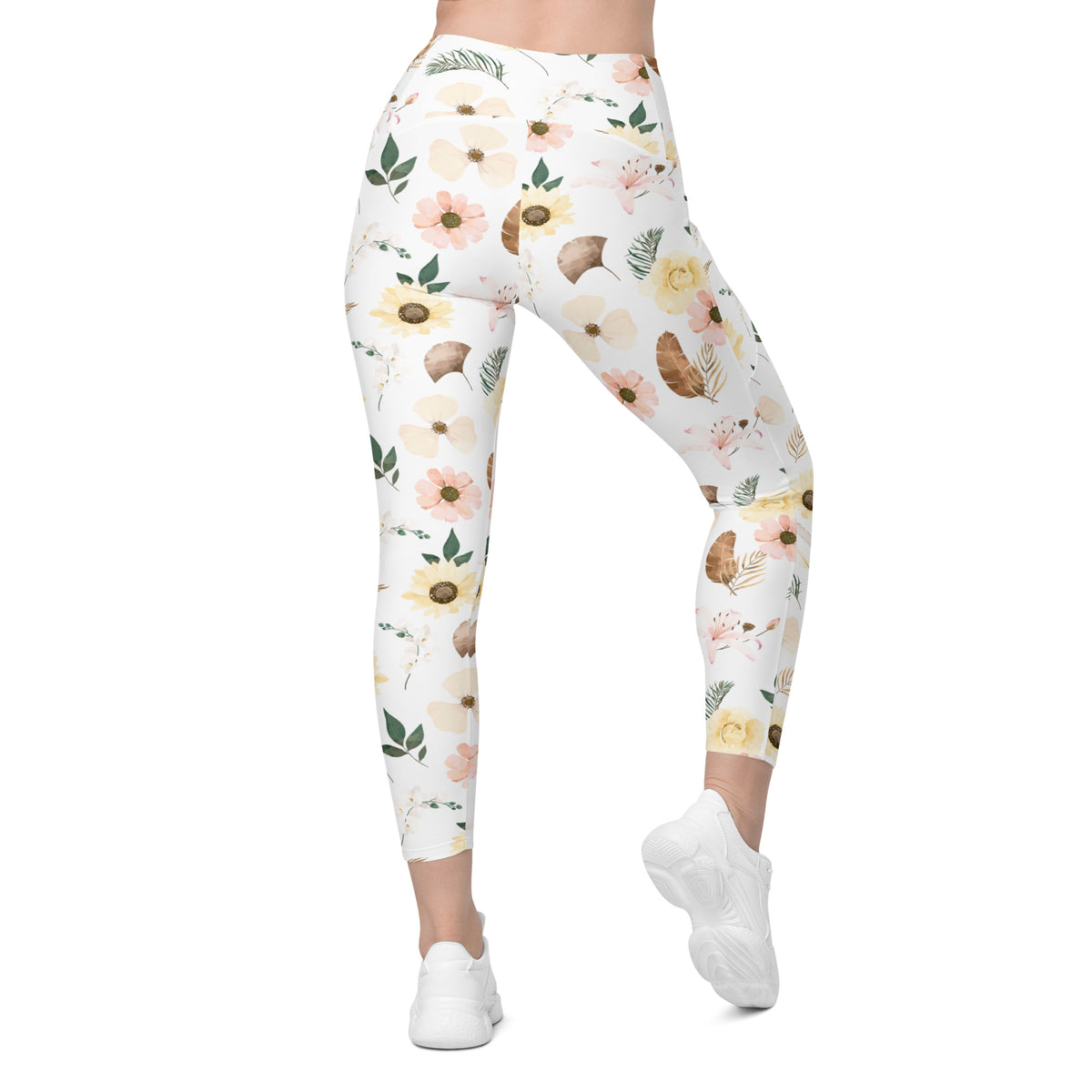 Women’s Sunflower Floral Yoga Leggings With Pockets – High-Waisted, Soft Compression Active Pants