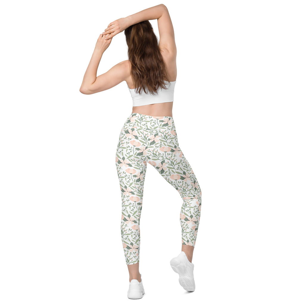 Women’s Blush Floral Yoga Leggings With Pockets – High-Waisted, Soft Compression Active Pants