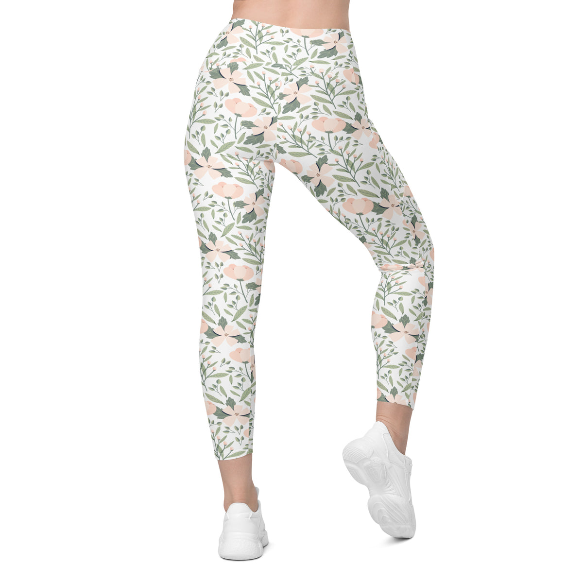 Women’s Blush Floral Yoga Leggings With Pockets – High-Waisted, Soft Compression Active Pants