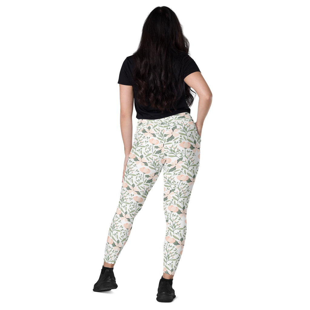 Women’s Blush Floral Yoga Leggings With Pockets – High-Waisted, Soft Compression Active Pants
