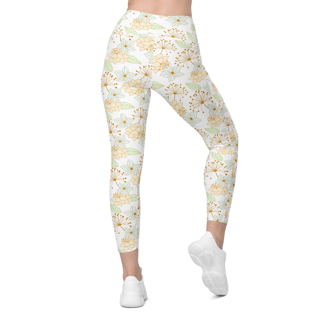 Women’s Pastel Beige Floral Yoga Leggings With Pockets – High-Waisted, Soft Compression Active Pants