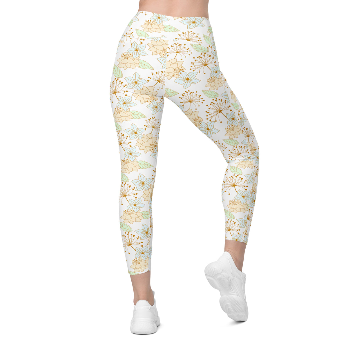 Women’s Pastel Beige Floral Yoga Leggings With Pockets – High-Waisted, Soft Compression Active Pants