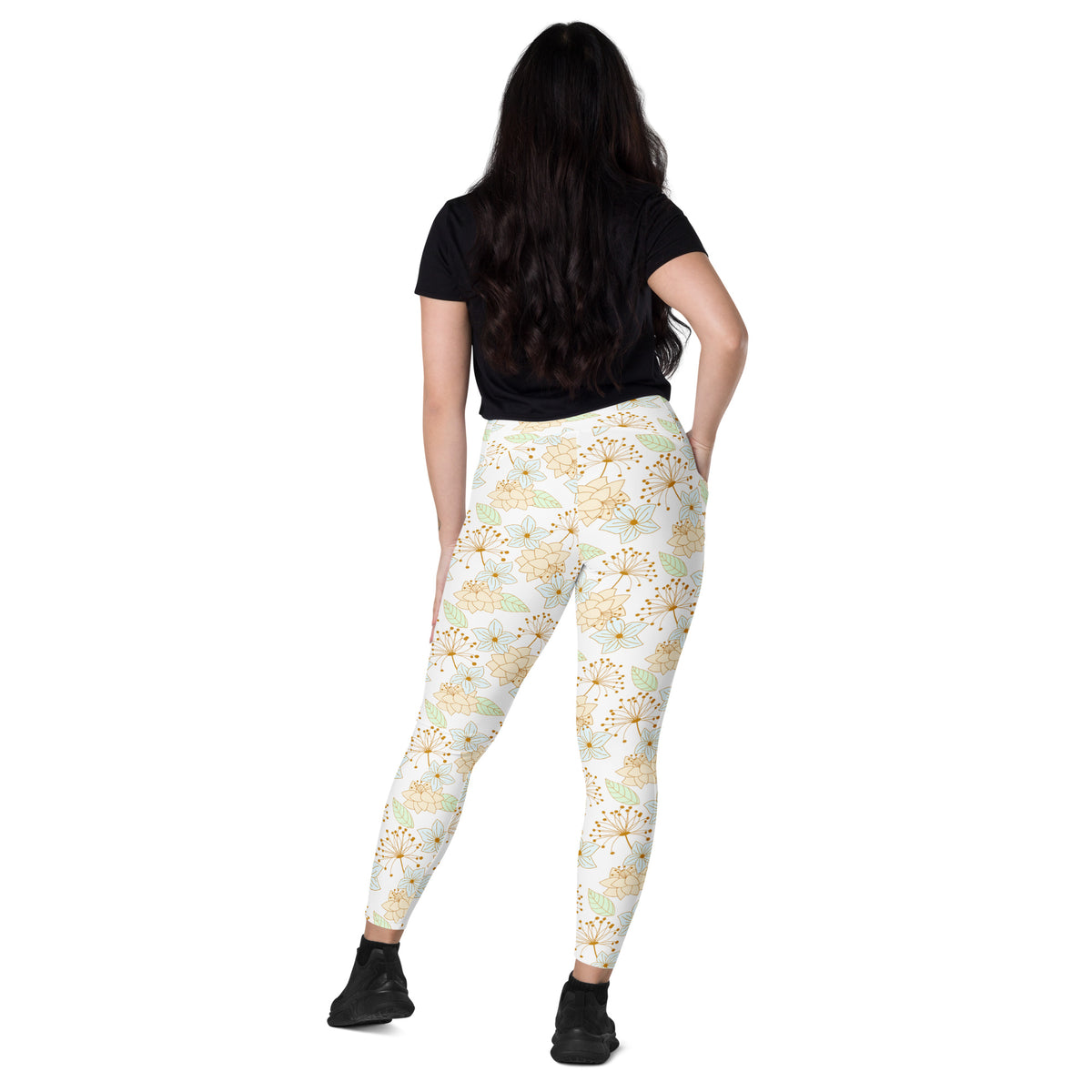 Women’s Pastel Beige Floral Yoga Leggings With Pockets – High-Waisted, Soft Compression Active Pants