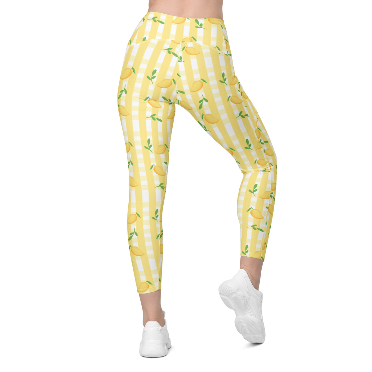Women’s Yellow Mango Gingham Yoga Leggings With Pockets – High-Waisted, Soft Compression Active Pants