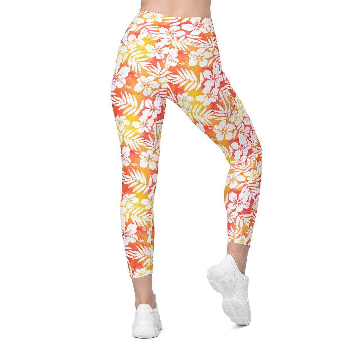 Women’s Orange Tropical Hibiscus Yoga Leggings With Pockets – High-Waisted, Soft Compression Active Pants