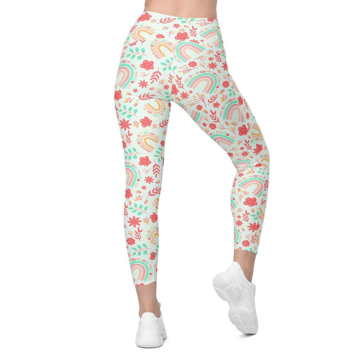 Women’s Boho Rainbow Floral Yoga Leggings With Pockets – High-Waisted, Soft Compression Active Pants