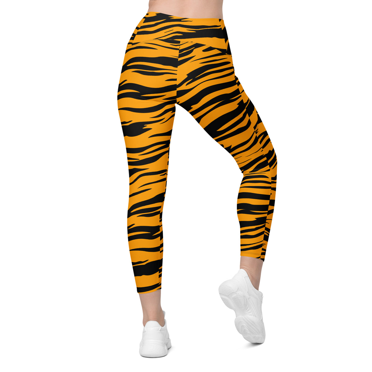 Women’s Orange Tiger Stripe Yoga Leggings With Pockets – High-Waisted, Soft Compression Active Pants