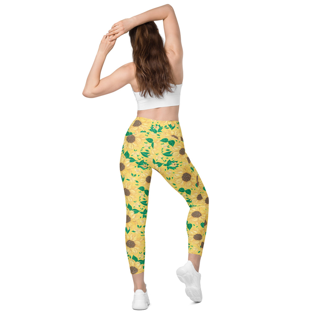 Women’s Watercolor Sunflower Yoga Leggings With Pockets – High-Waisted, Soft Compression Active Pants