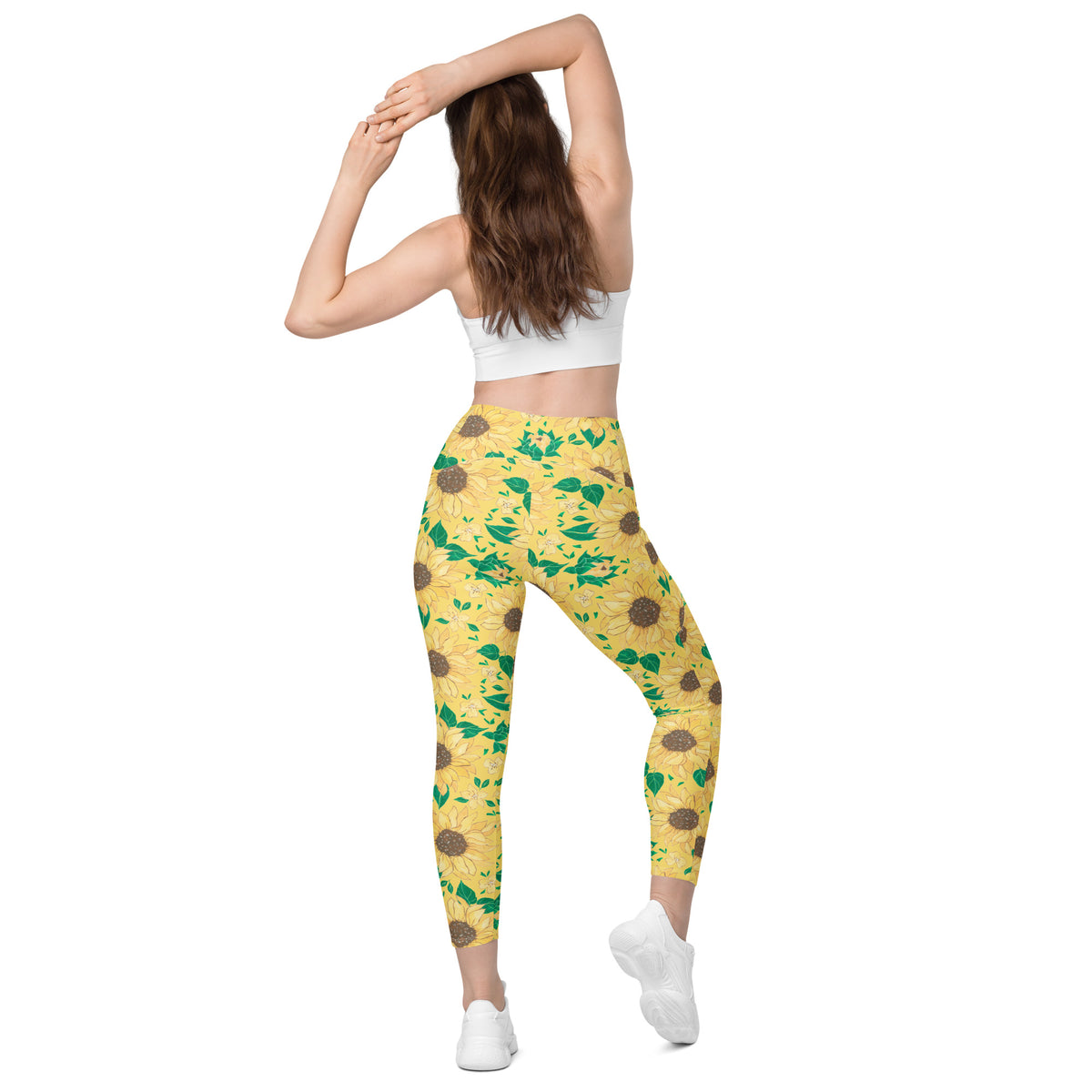 Women’s Watercolor Sunflower Yoga Leggings With Pockets – High-Waisted, Soft Compression Active Pants