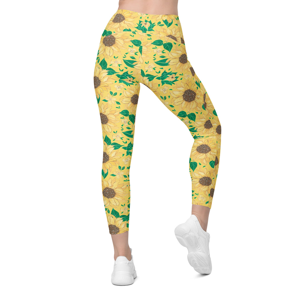 Women’s Watercolor Sunflower Yoga Leggings With Pockets – High-Waisted, Soft Compression Active Pants