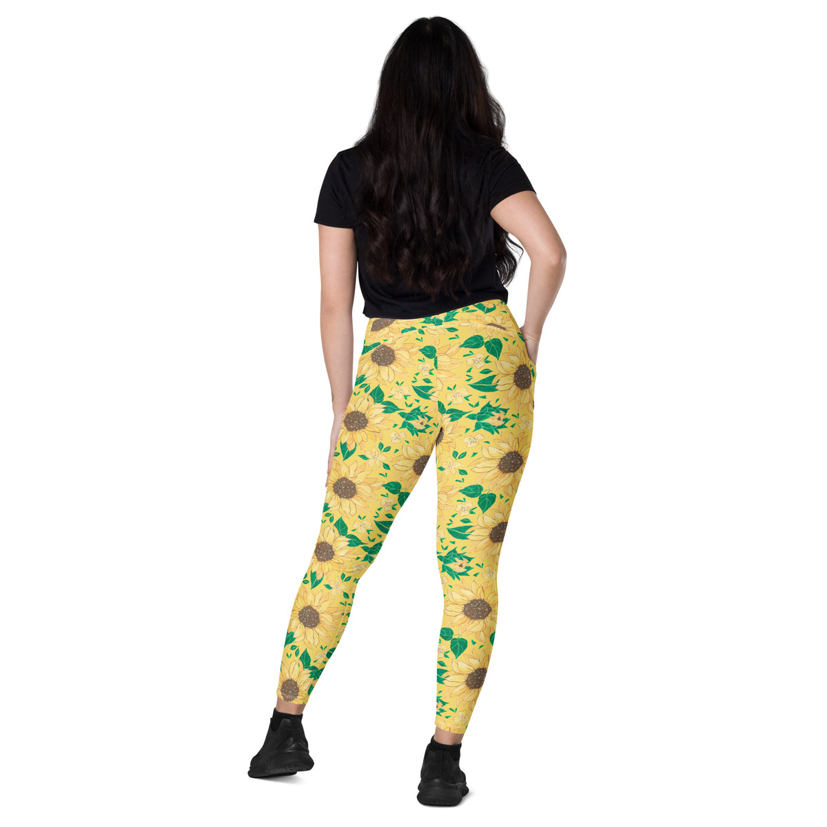Women’s Watercolor Sunflower Yoga Leggings With Pockets – High-Waisted, Soft Compression Active Pants