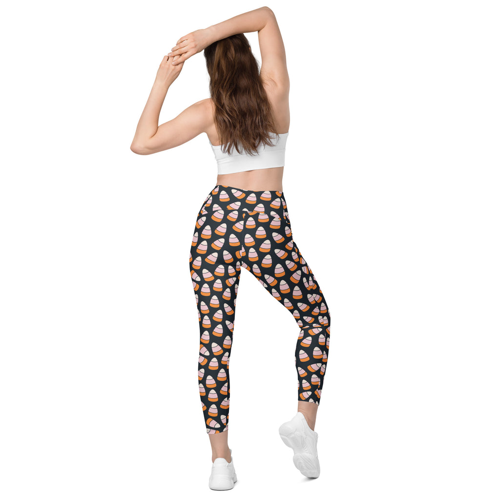 Women’s Pink & Orange Candy Corn Halloween Yoga Leggings With Pockets – High-Waisted, Soft Compression Active Pants