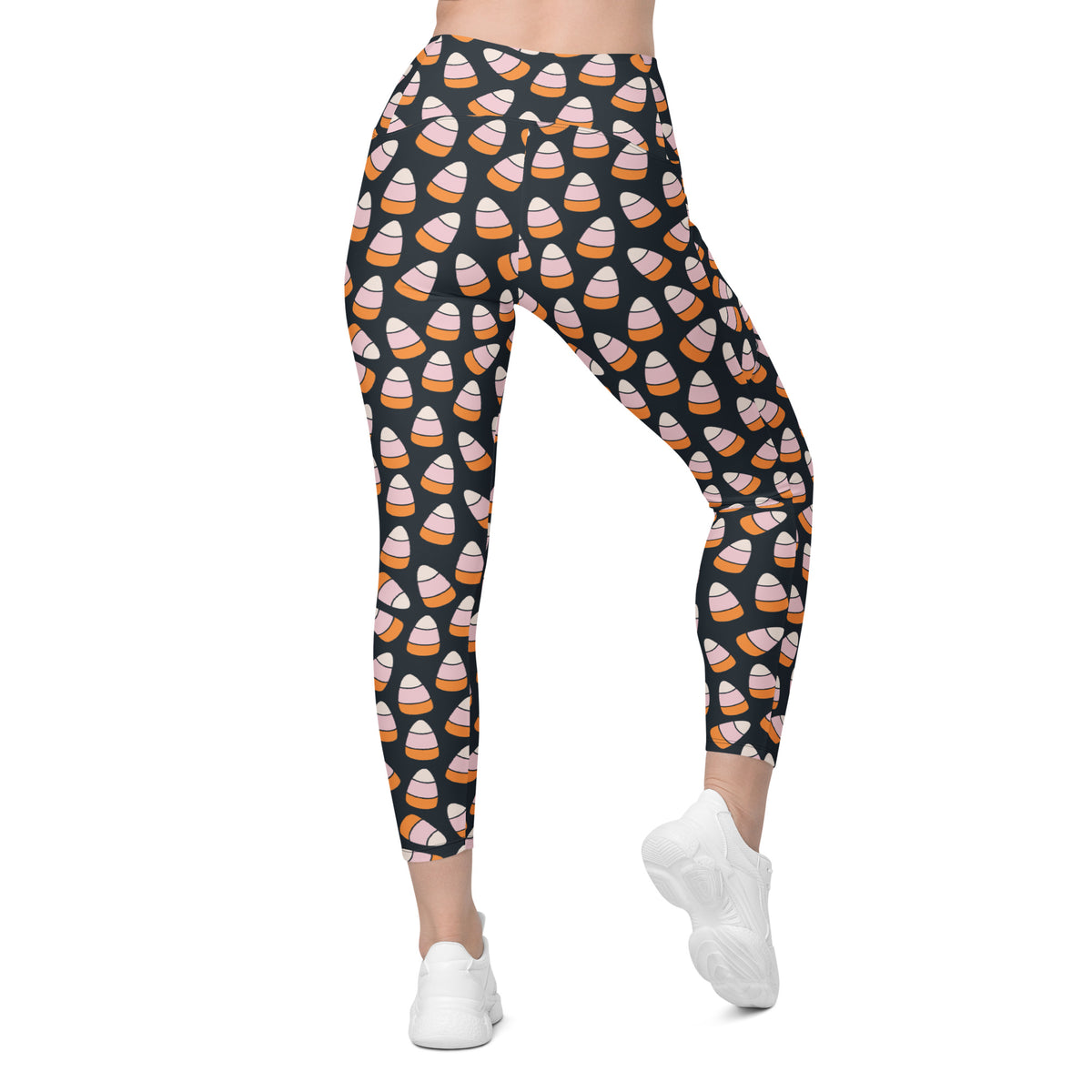 Women’s Pink & Orange Candy Corn Halloween Yoga Leggings With Pockets – High-Waisted, Soft Compression Active Pants