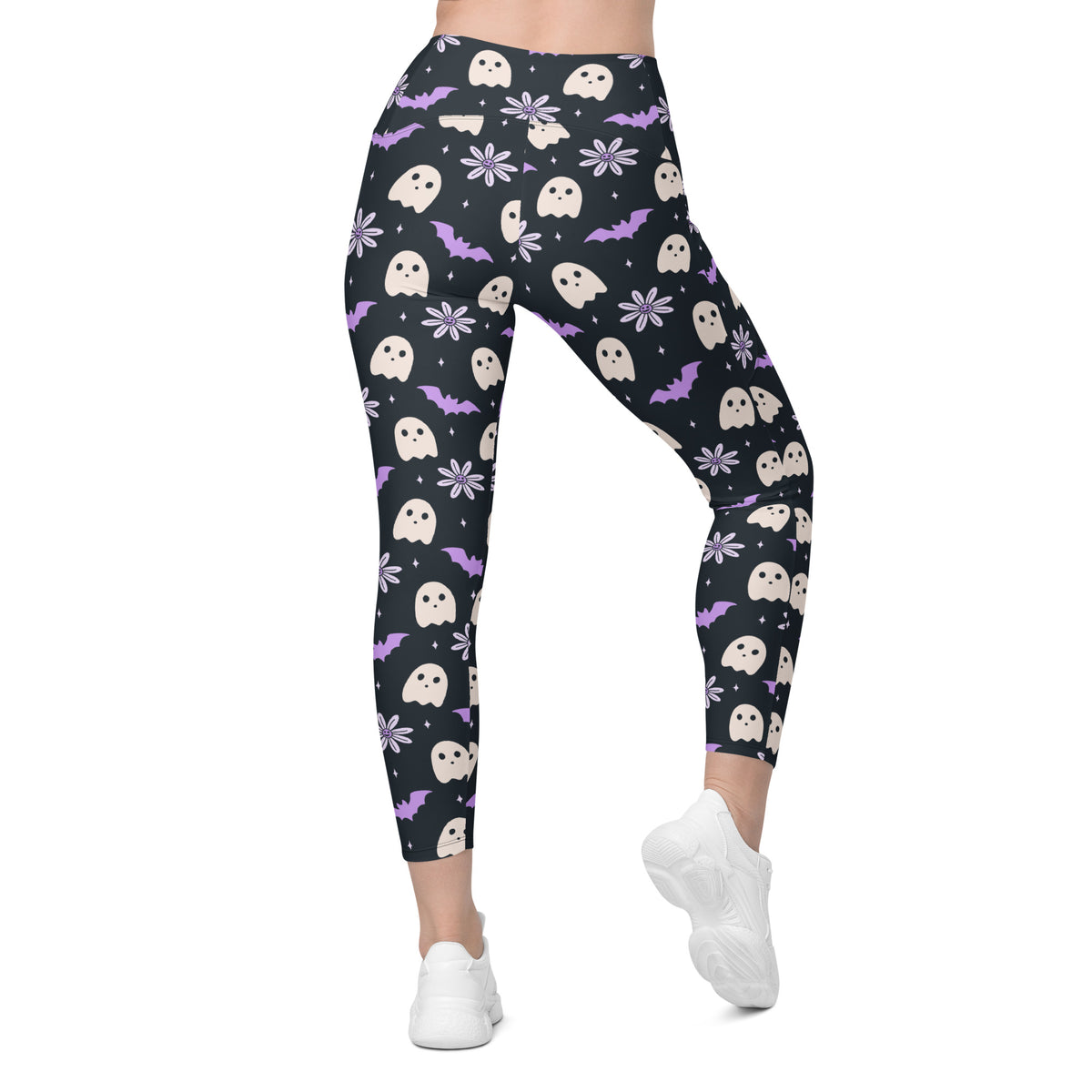 Women’s Purple Floral Ghost Halloween Yoga Leggings With Pockets – High-Waisted, Soft Compression Active Pants