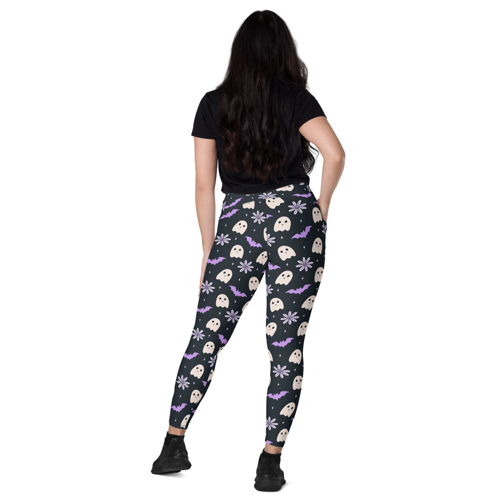 Women’s Purple Floral Ghost Halloween Yoga Leggings With Pockets – High-Waisted, Soft Compression Active Pants
