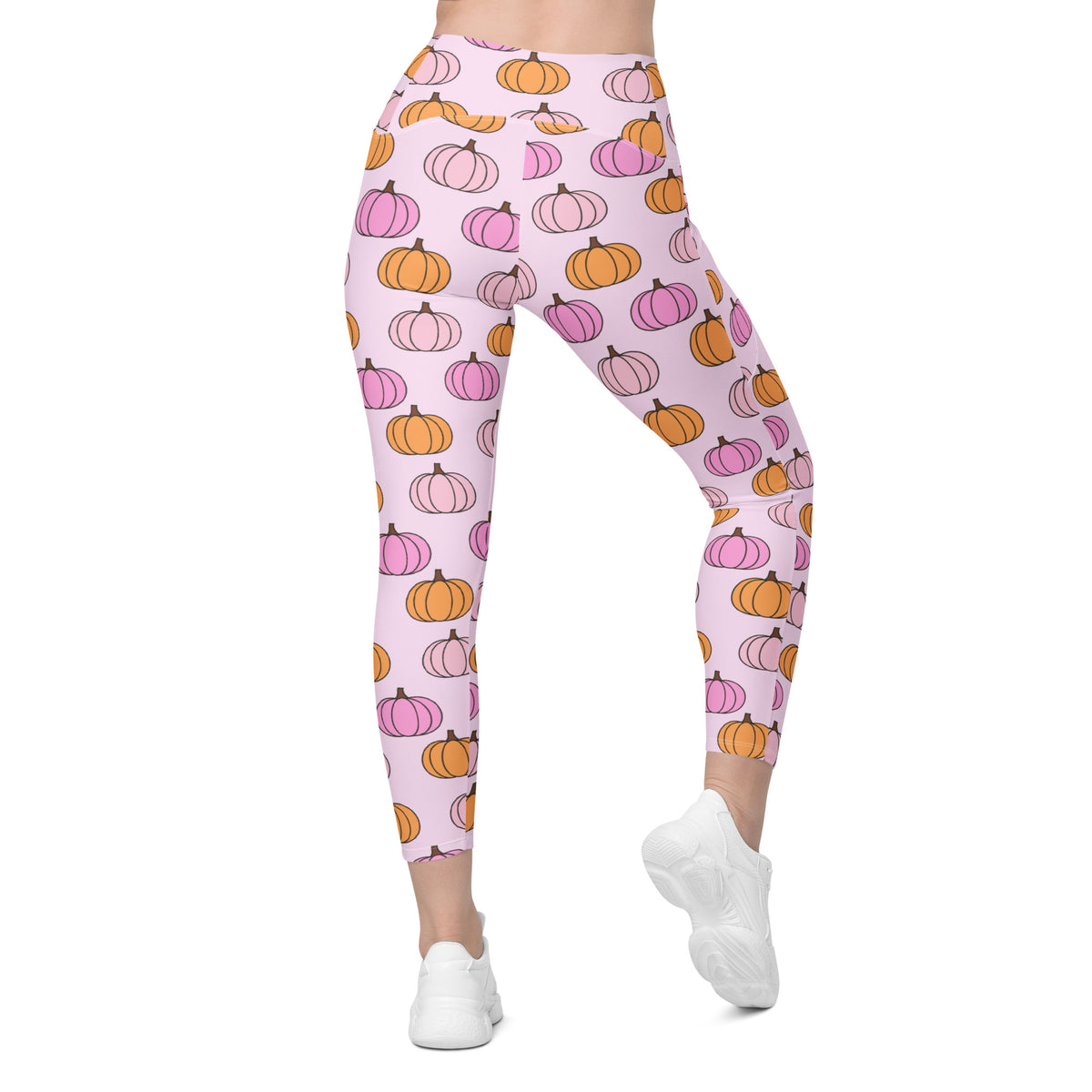 Women’s Pink & Orange Pumpkin Patch Yoga Leggings With Pockets – High-Waisted, Soft Compression Active Pants