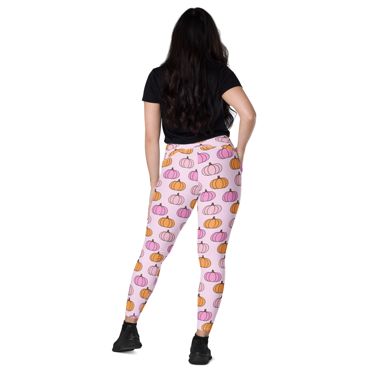 Women’s Pink & Orange Pumpkin Patch Yoga Leggings With Pockets – High-Waisted, Soft Compression Active Pants