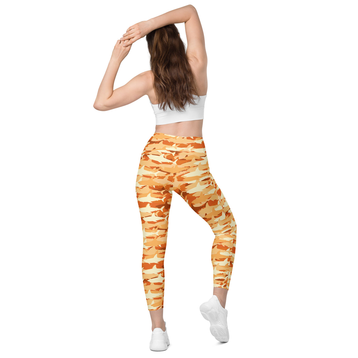 Women’s Orange Shark Camouflage Yoga Leggings With Pockets – High-Waisted, Soft Compression Active Pants