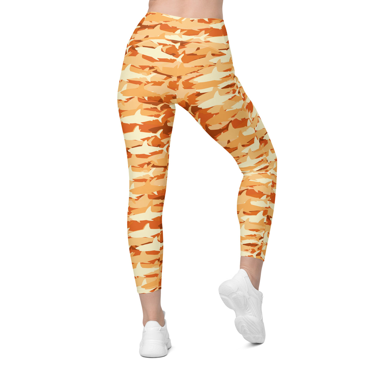 Women’s Orange Shark Camouflage Yoga Leggings With Pockets – High-Waisted, Soft Compression Active Pants